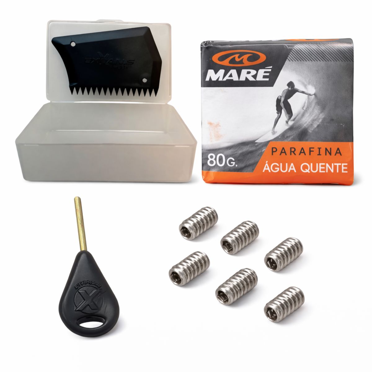 Kit Surf Completo: 6 Parafusos Inox, Chave, Porta Parafina e Parafina Maré 80g