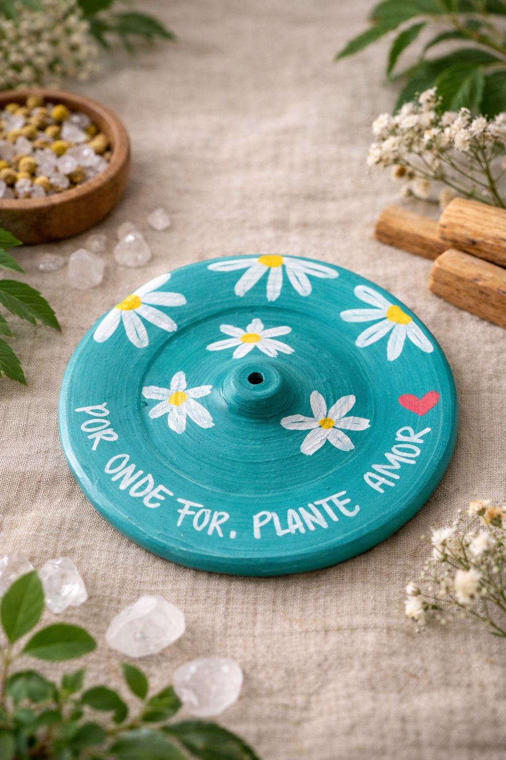 Incensário Artesanal Redondo    Por onde for, plante amor 