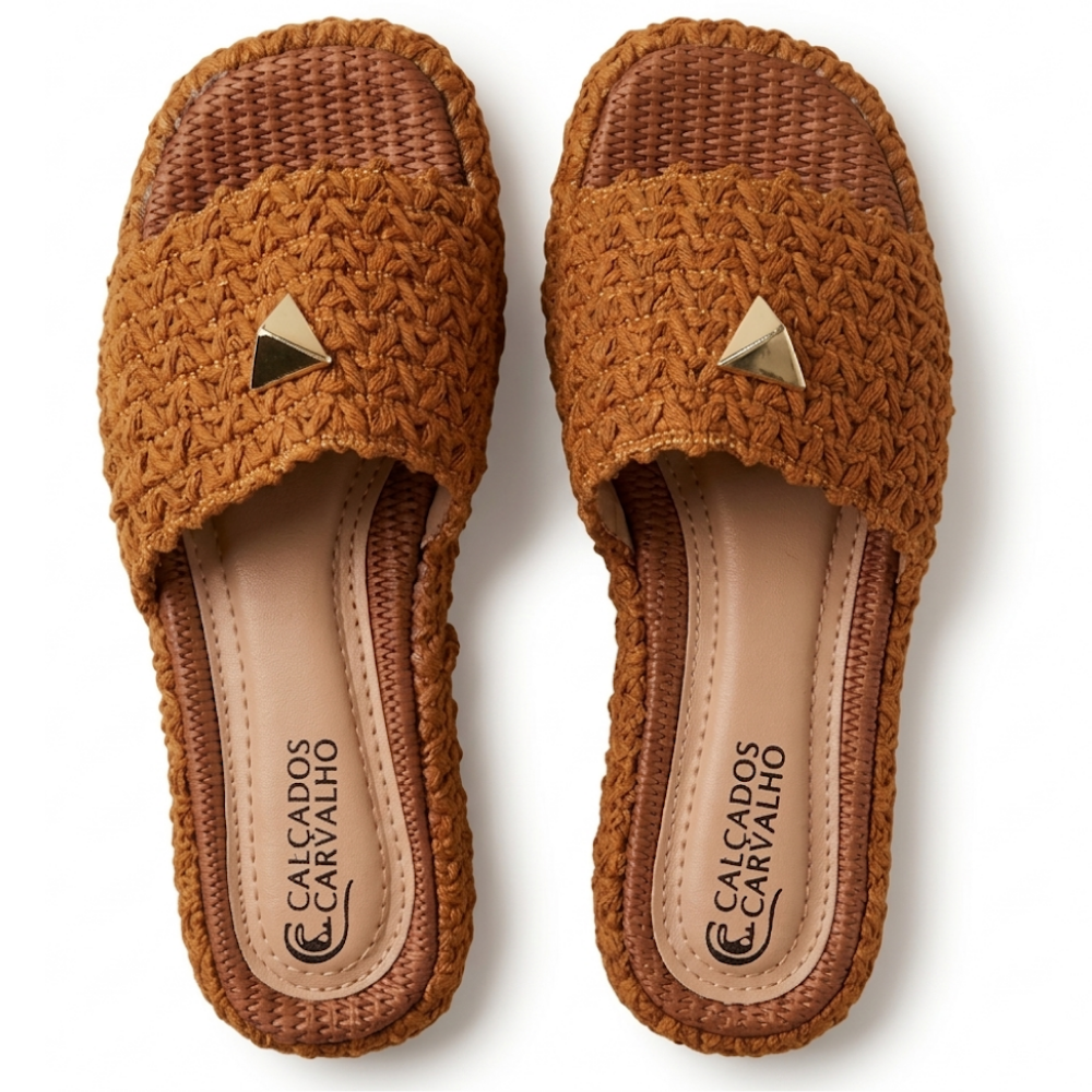 Sandália Flat Ibiza Trançada com Detalhe Dourado Feminina Calçados Carvalho