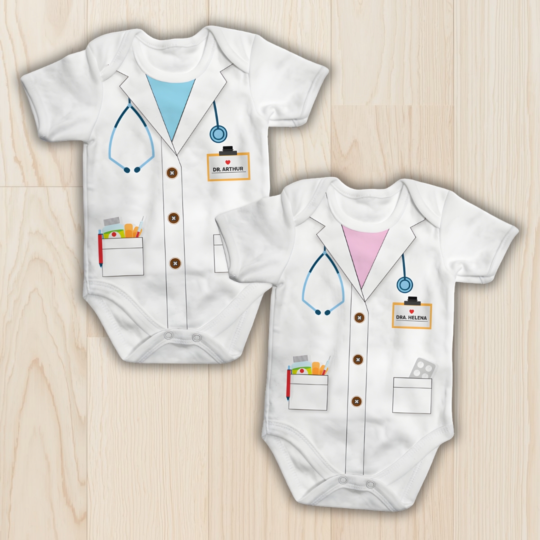 Body de bebê - Médico - Branco (azul e rosa) - Nome personalizado
