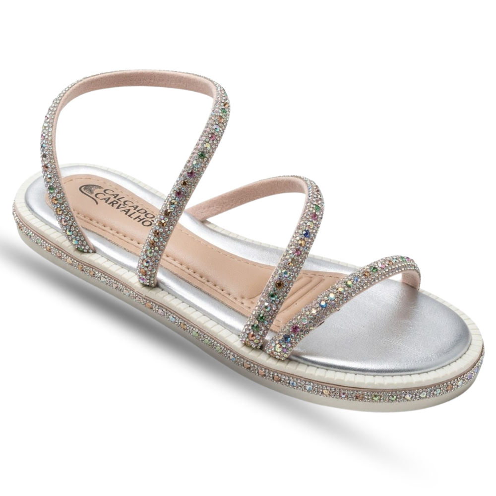 Sandália Flat Celine Prata cravejada de Strass Rainbow