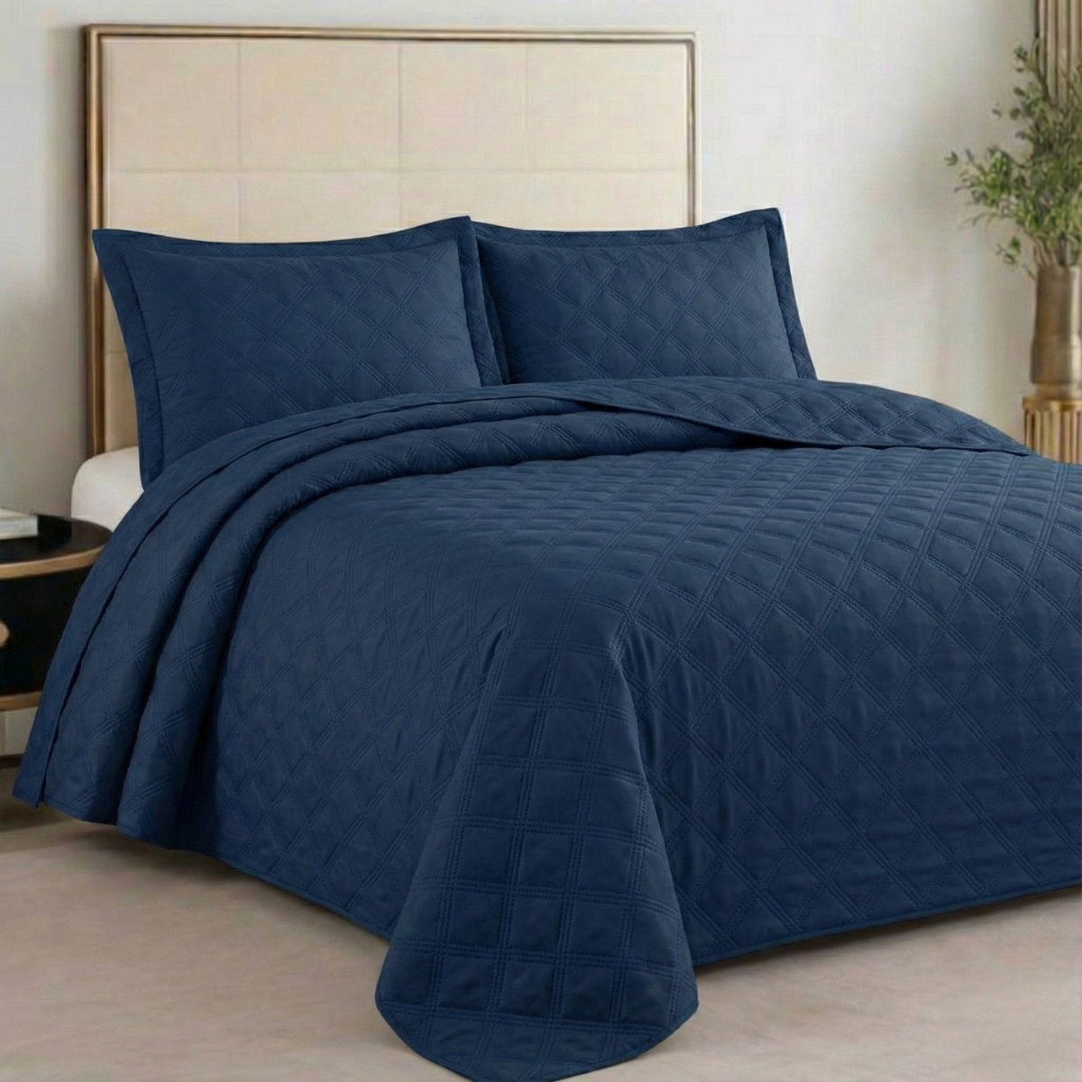 Kit Cobre Leito Queen Liso Toque Macio Colcha Dupla Face com Porta Travesseiros Ultrassônico Marinho