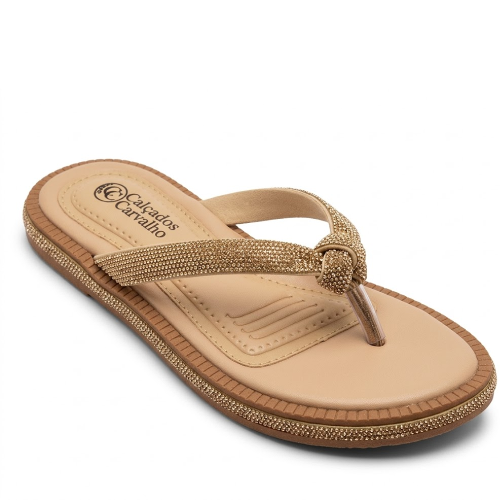 Rasteira Chinelo Flat Nó com Strass Brilhante - Bege