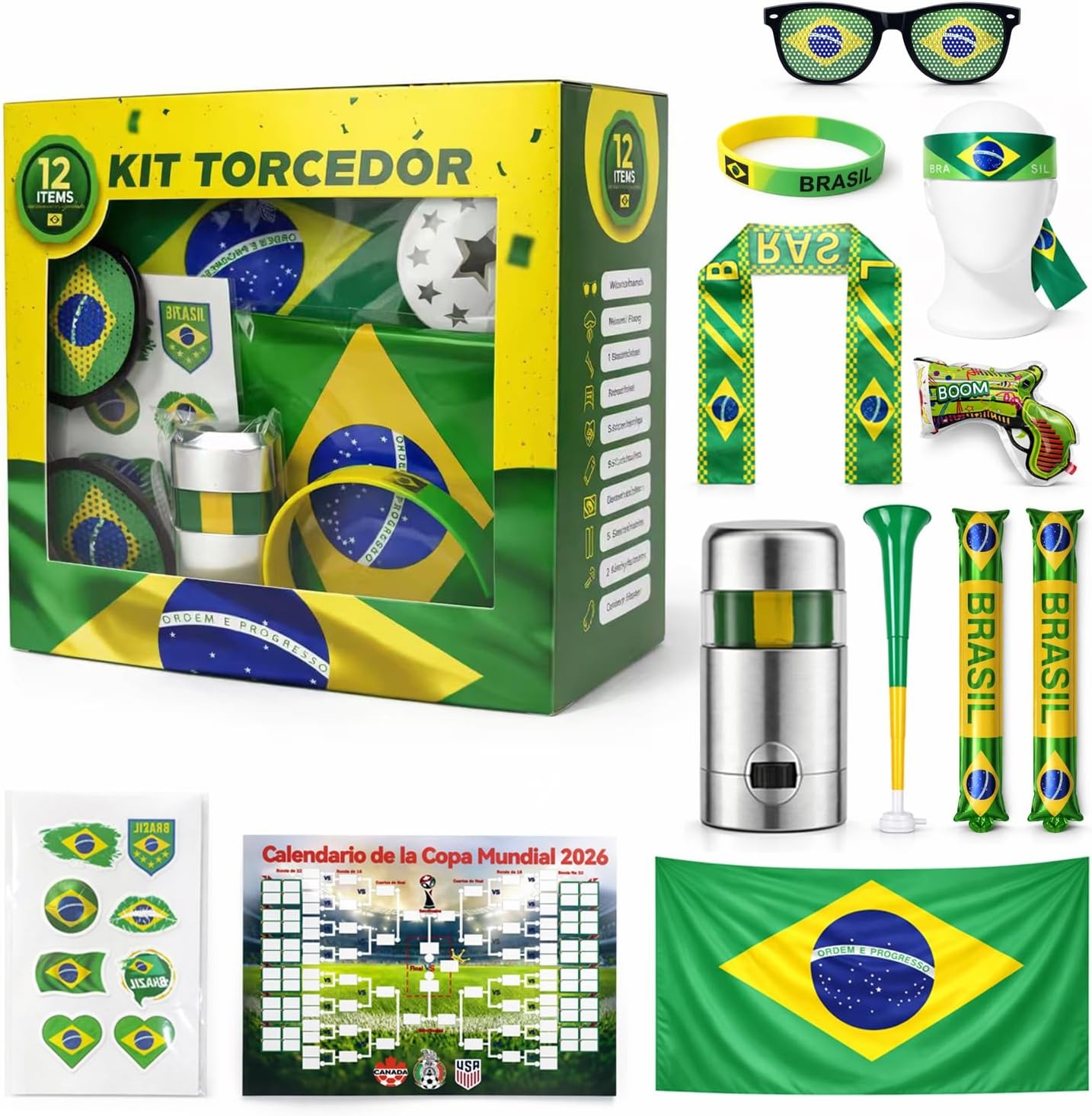 Conjunto Kit Torcida Brasil 2026   12 Itens Completos: Pulseira, Óculos, Bandeira, Pintura, Bastão, Trompete, Pistola In