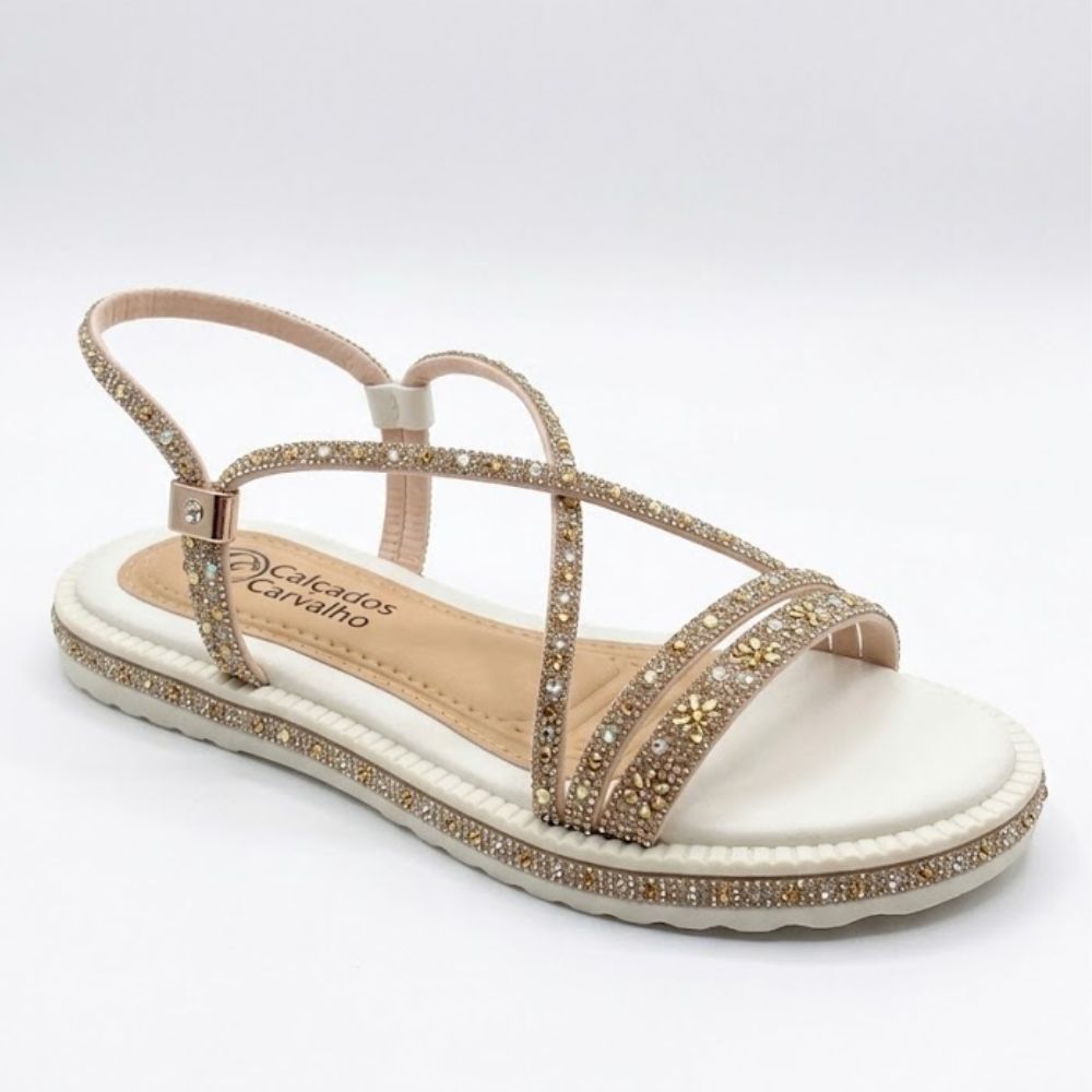 Sandália Rasteira Flat Atena com Tiras em Strass - Prata/Off-White