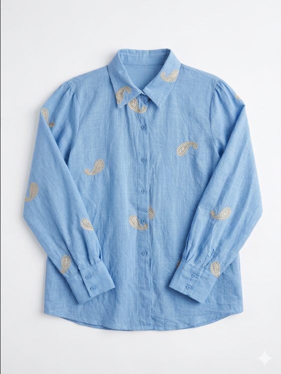 Camisa Feminina Doce Charme Azul Bordada com Estampa Paisley   Tam G