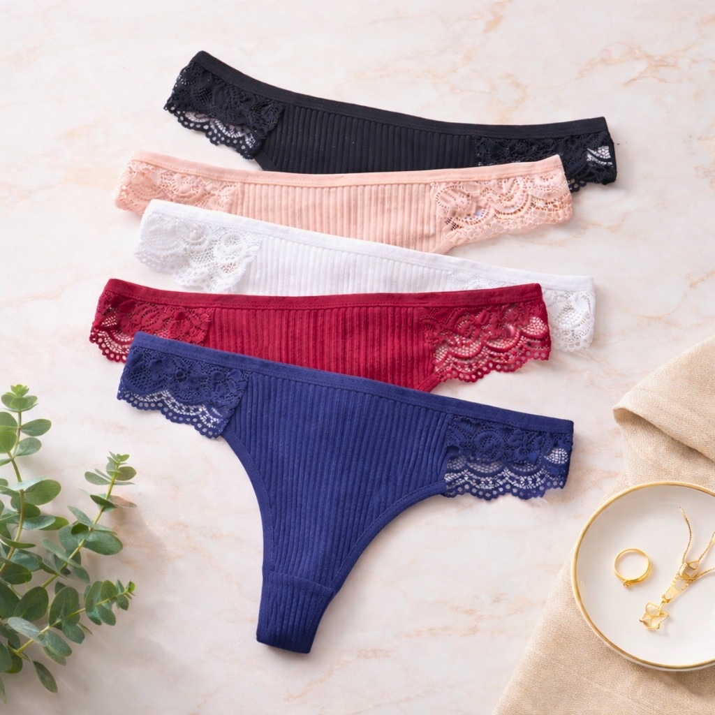 Calcinha de Algodão Fio Dental Feminina Canelada com Renda