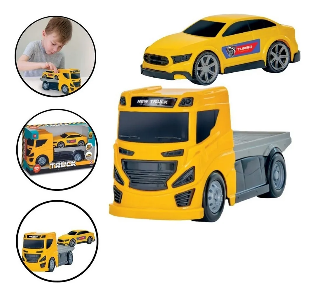 Caminhão Plataforma Infantil Com Carrinho Fricção Brinquedo Transporte Carro Menino
