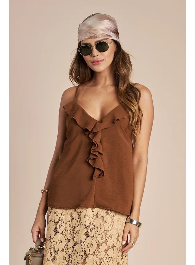 BLUSA DE ALCINHA JODY COM BABADO DE CREPE SUMMER MARROM