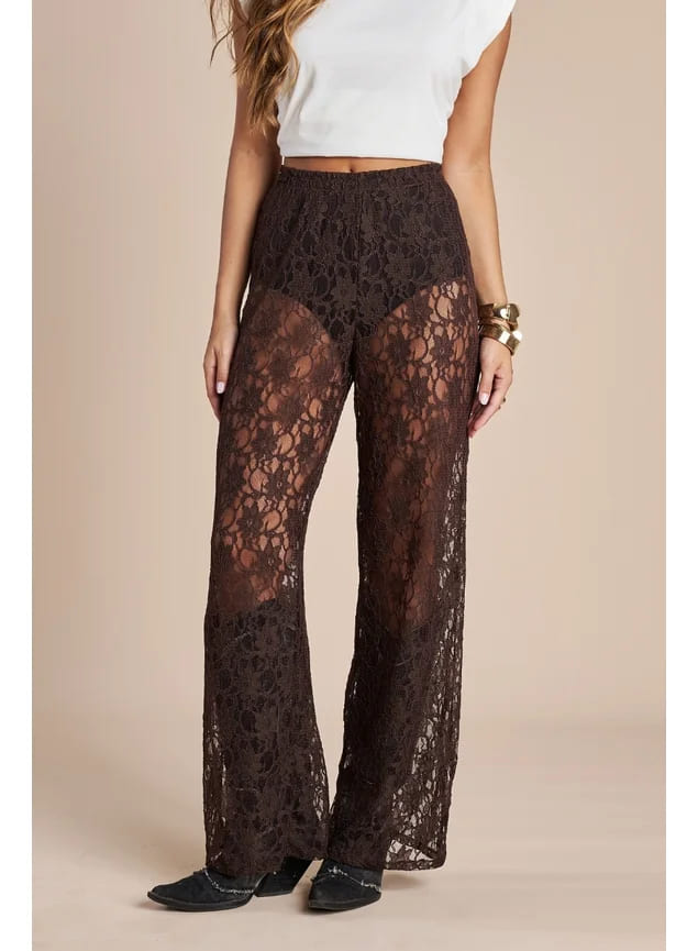 CALÇA RETA DE CINTURA ALTA IASMIN DE RENDA SEM FORRO MARROM