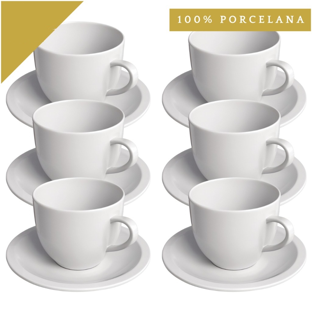 Jogo Xícaras Chá Porcelana 170ml com Pires 6 Peças Elegante Decora Lar