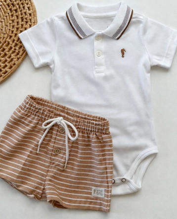 Conjunto Body e bermuda em sarja em listras marrom Onda Marinha