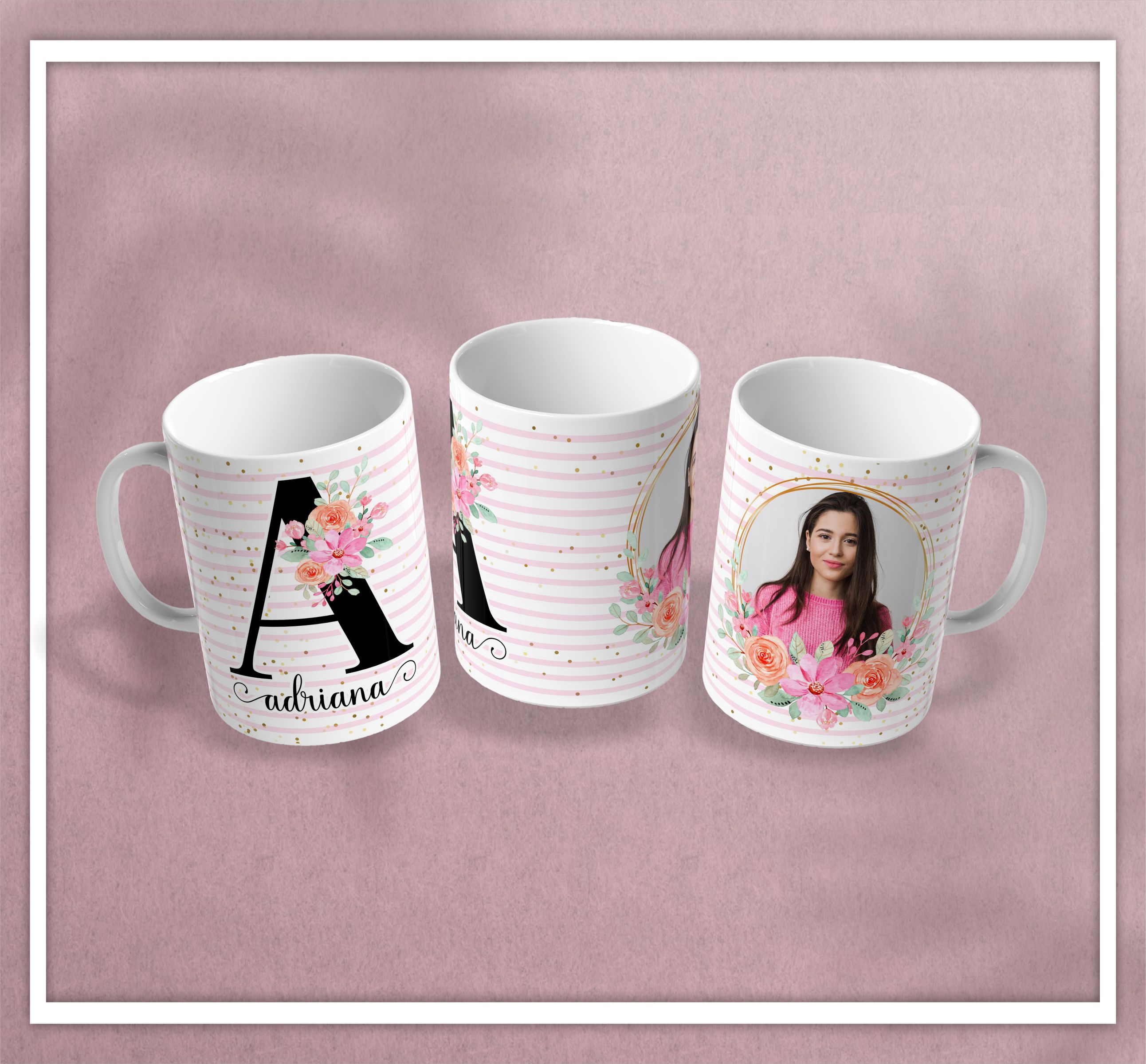 Caneca Personalizada com Foto e Inicial Floral