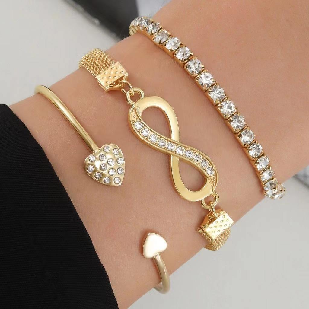 Kit 3 Pulseiras Femininas Coração Infinito Com Cristais Delicadas Luxo
