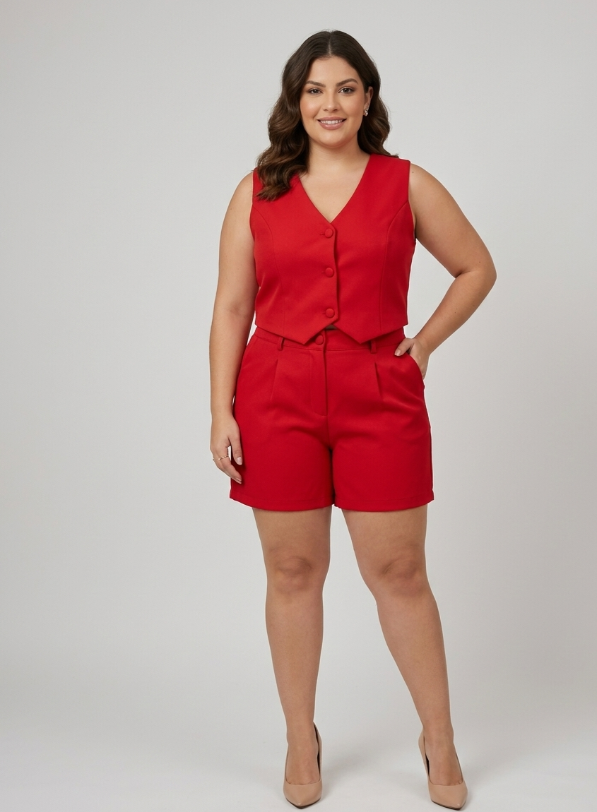 Conjunto Alfaiataria Plus Size  Colete e Bermuda Social
