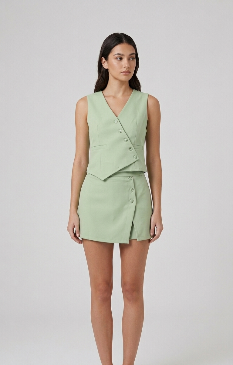 Conjunto Alfaiataria   Colete Estruturado e Saia-Short