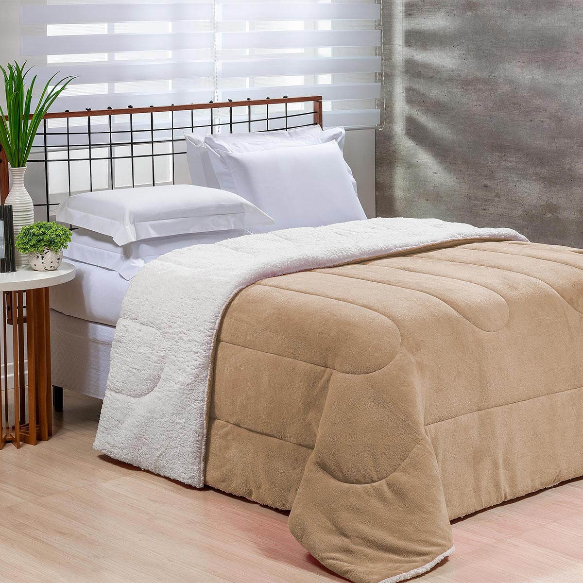 Coberdrom Noruega Dupla Face Sherpa Lã Carneiro Edredom com Manta - BEGE