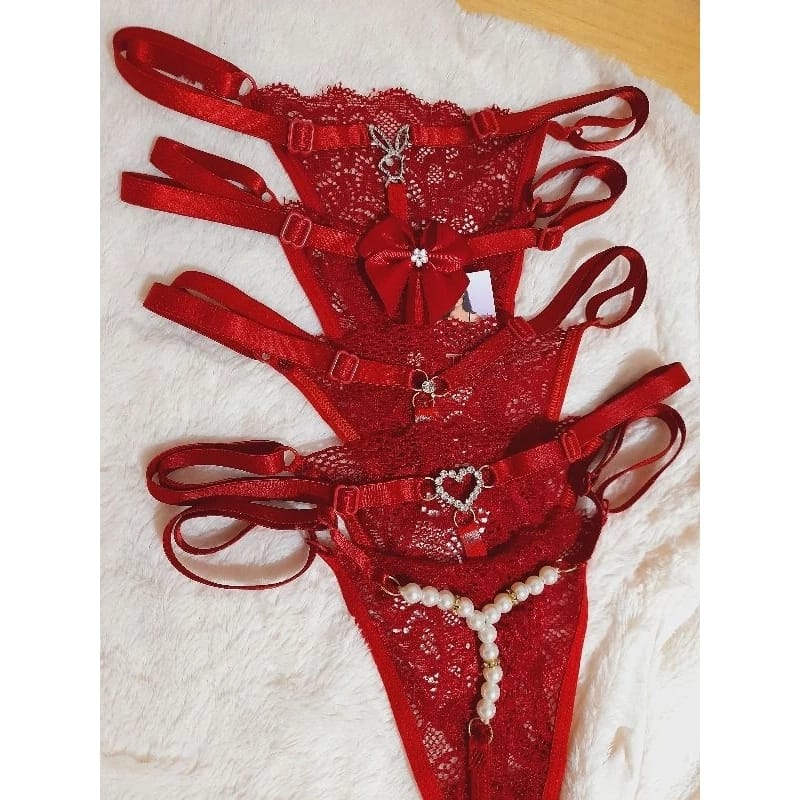 Kit 5 modelos de calcinha renda pingente playboy pérolas luz laço coração roupa íntima lingerie