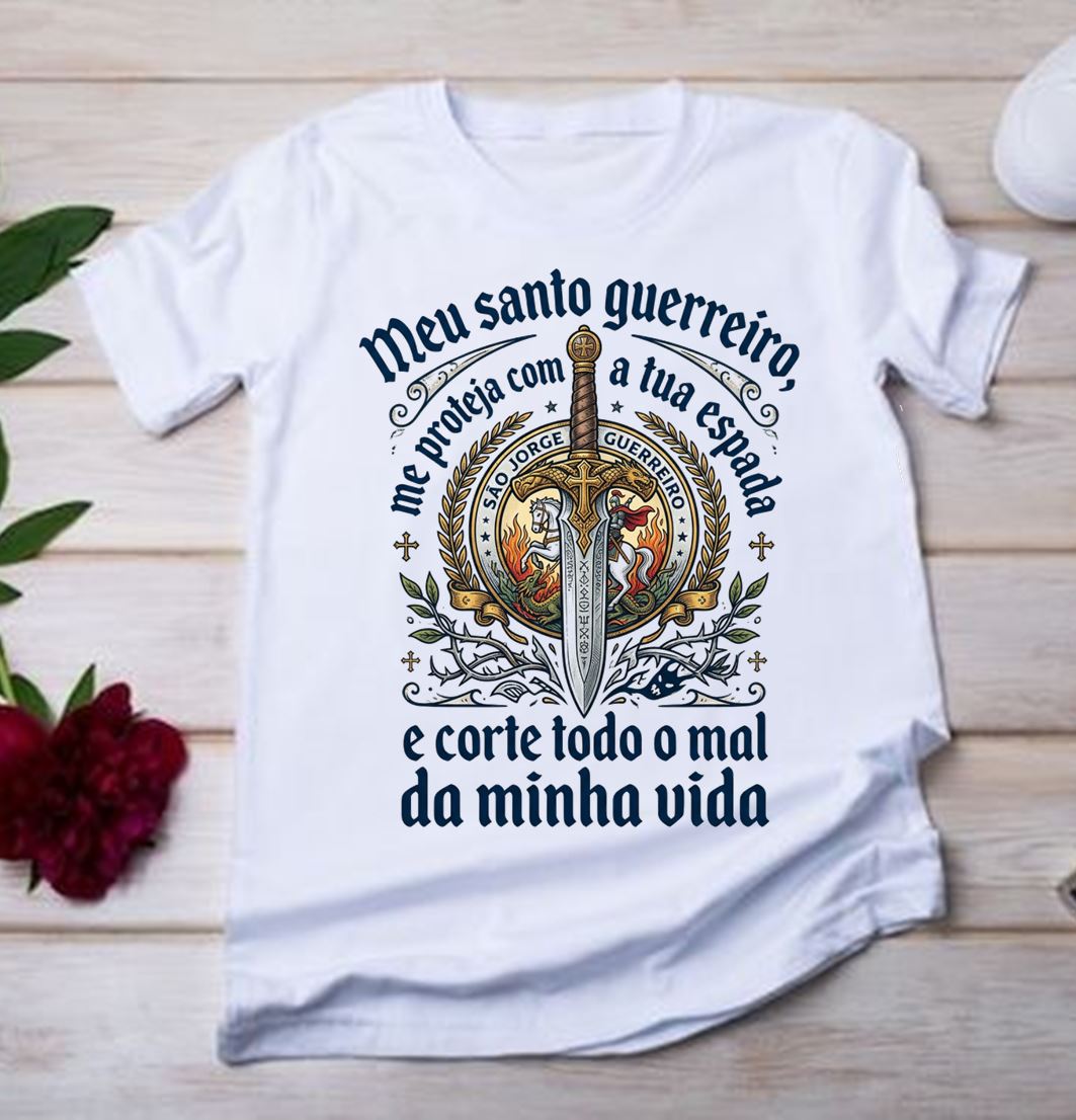 Camiseta São Jorge Espada de Proteção Me Proteja