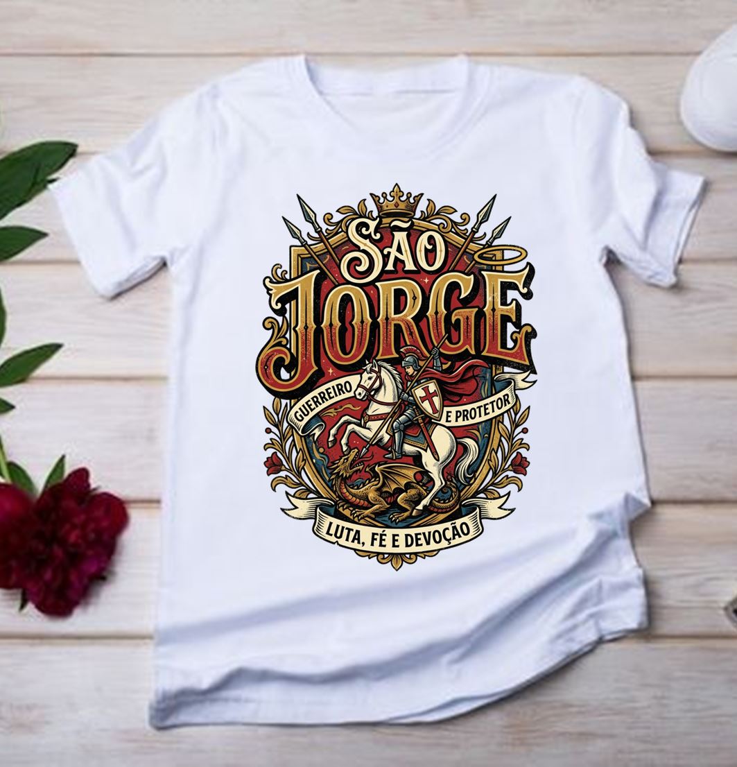 Camiseta de São Jorge com brasão Luta, Fé e Devoção