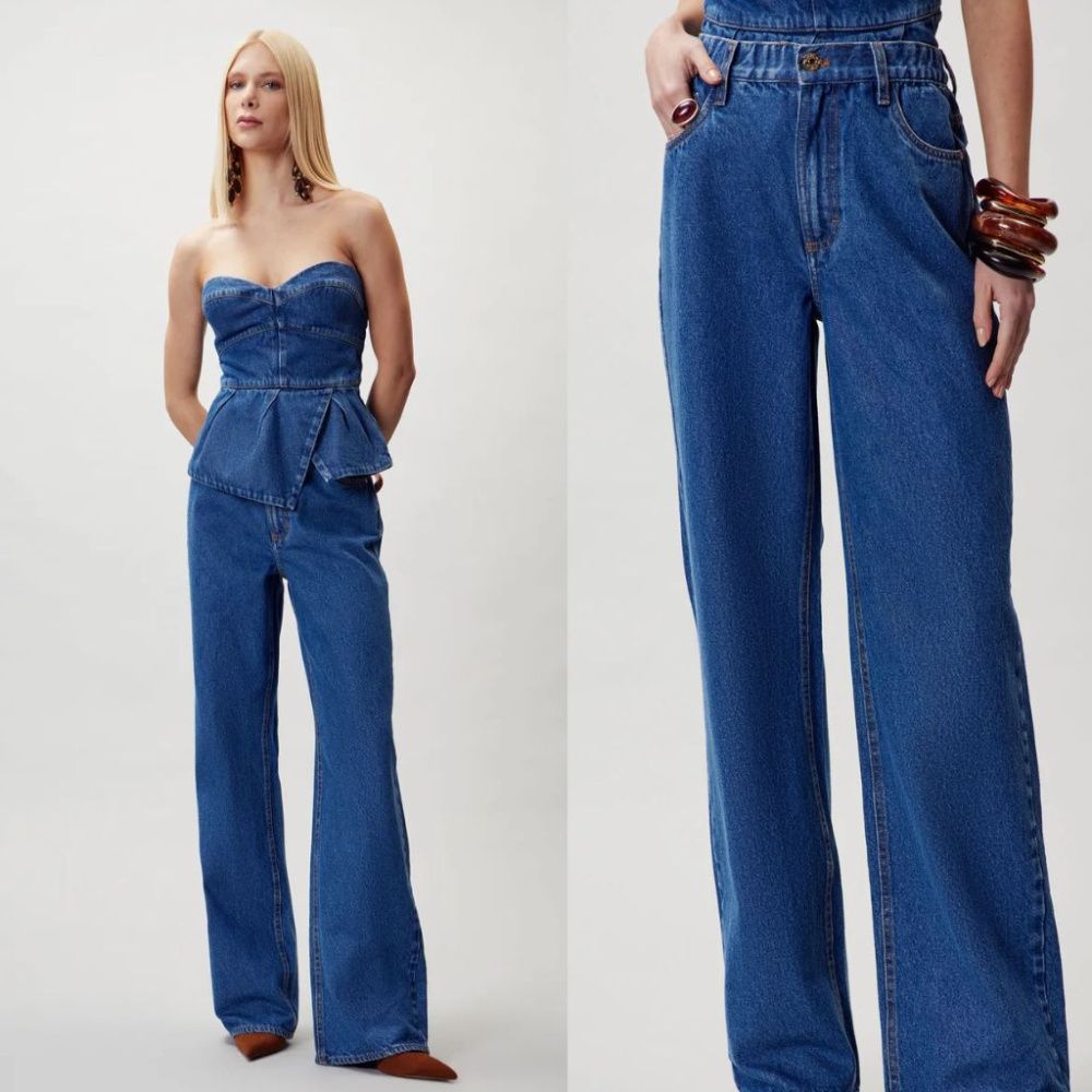 Calça Feminina Wide Leg Flor de Lis / Azul médio