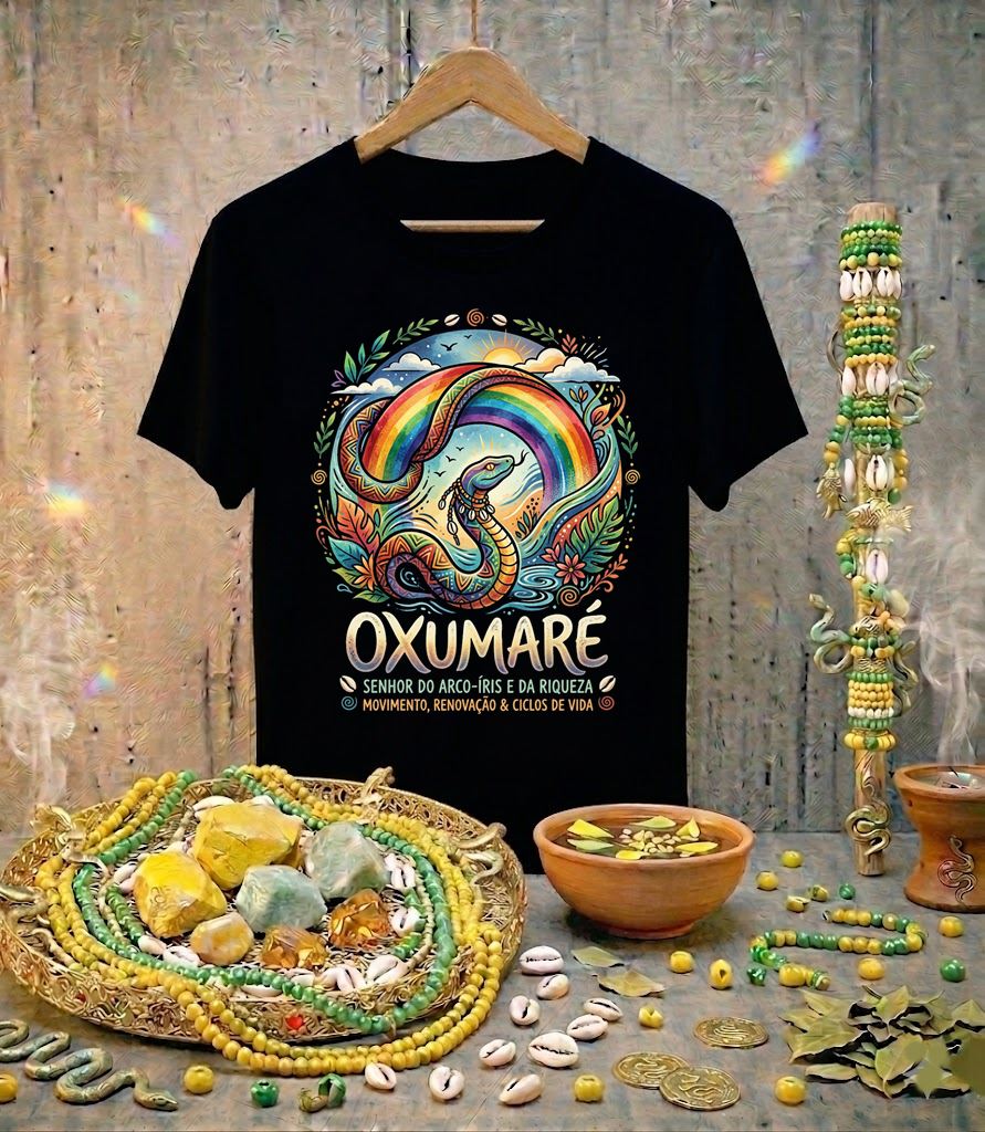 Camiseta Oxumaré Senhor do Arco-Íris e da Riqueza - Algodão 100% Premium Preta