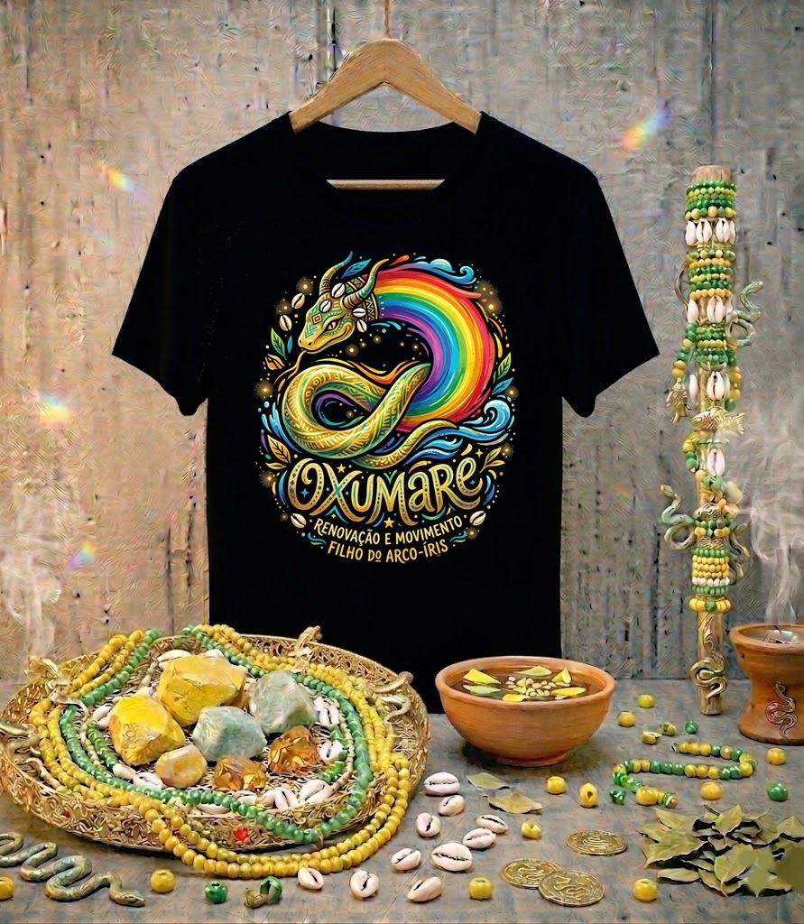Camiseta Oxumaré Filho do Arco-Íris Renovação e Movimento - Algodão 100% Premium Preta
