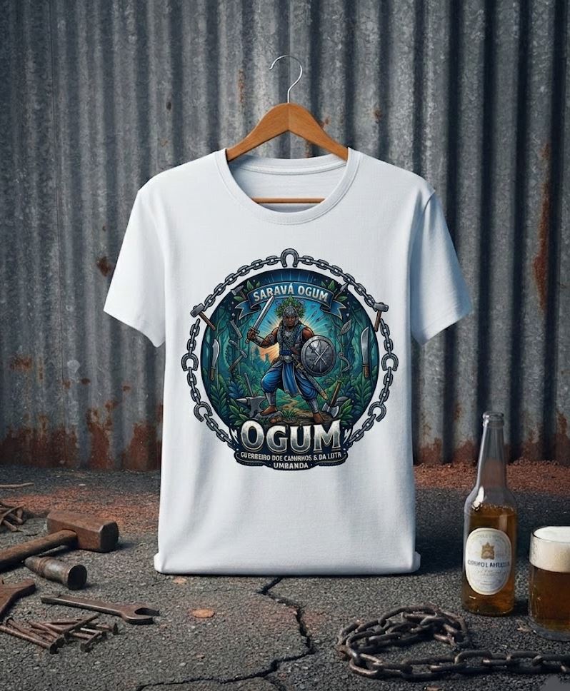 Camiseta Ogum Guerreiro dos Caminhos e da Luta - Algodão 100% Premium