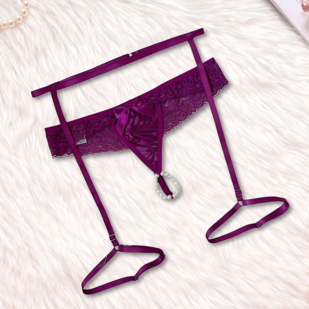 Lingerie Calcinha Fio Dental Sexy Tailandesa Com Pérola + Cinta Liga Coxas