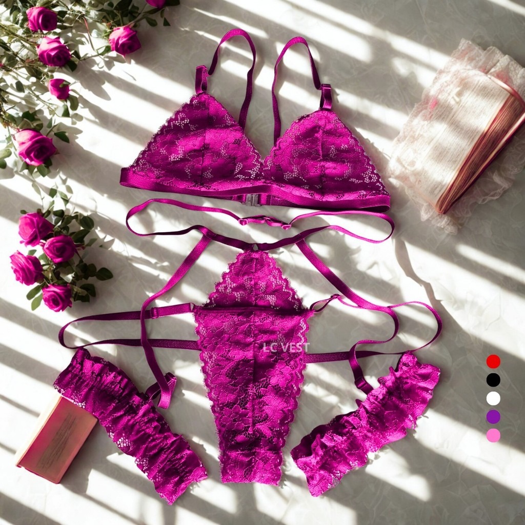 Conjunto Lingerie Gladiadora Sexy Completo com Renda + Calcinha Fio Dental Sensual Moda Feminina