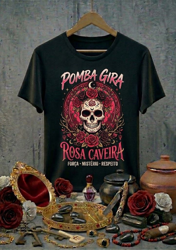 Camiseta Pombagira Rosa Caveira Força Mistério Respeito - Algodão 100% Premium Preta