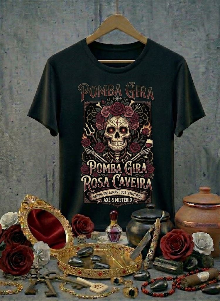 Camiseta Pomba Gira Rosa Caveira Rainha das Almas - Algodão 100% Premium Preta