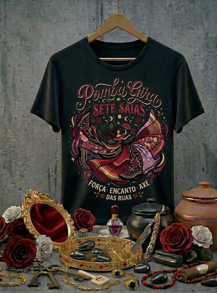 Camiseta Pombagira Sete Saias Força Encanto e Axé - Algodão 100% Premium Preta