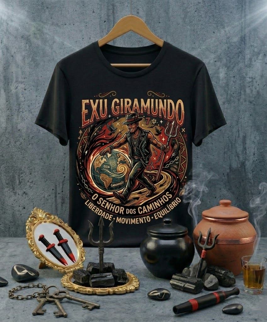 Camiseta Exu Giramundo Senhor dos Caminhos - Algodão 100% Premium Preta