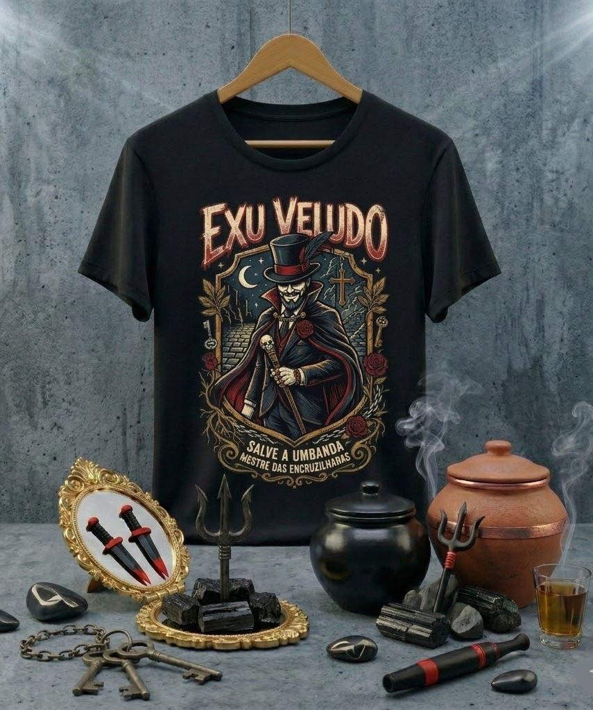 Camiseta Exu Veludo Mestre das Encruzilhadas - Algodão 100% Premium Preta