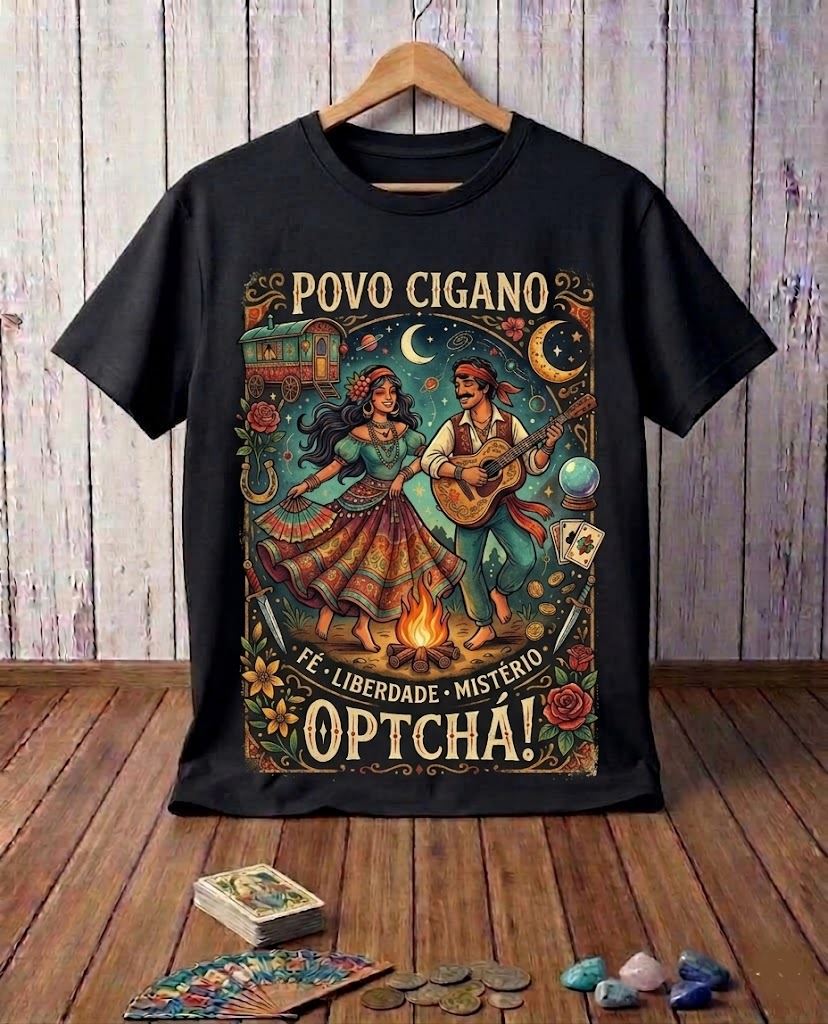 Camiseta Povo Cigano Fé Liberdade Mistério Optchá - Algodão 100% Premium Preta