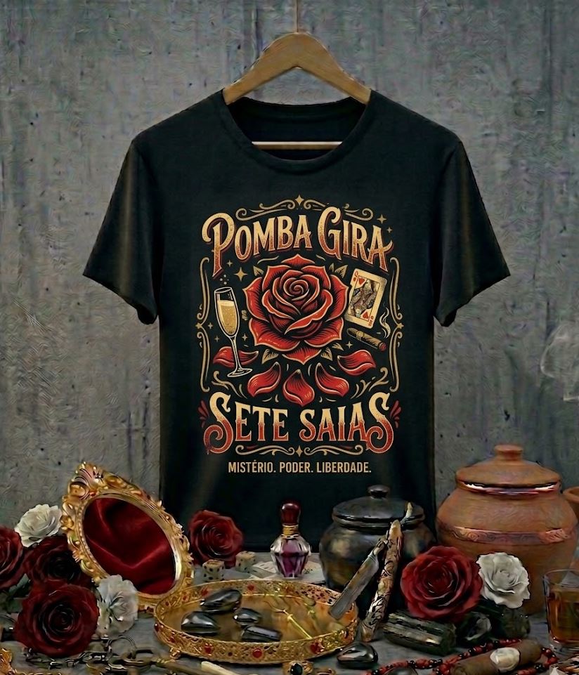 Camiseta Pomba Gira Sete Saias Mistério Poder Liberdade - Algodão 100% Premium Preta