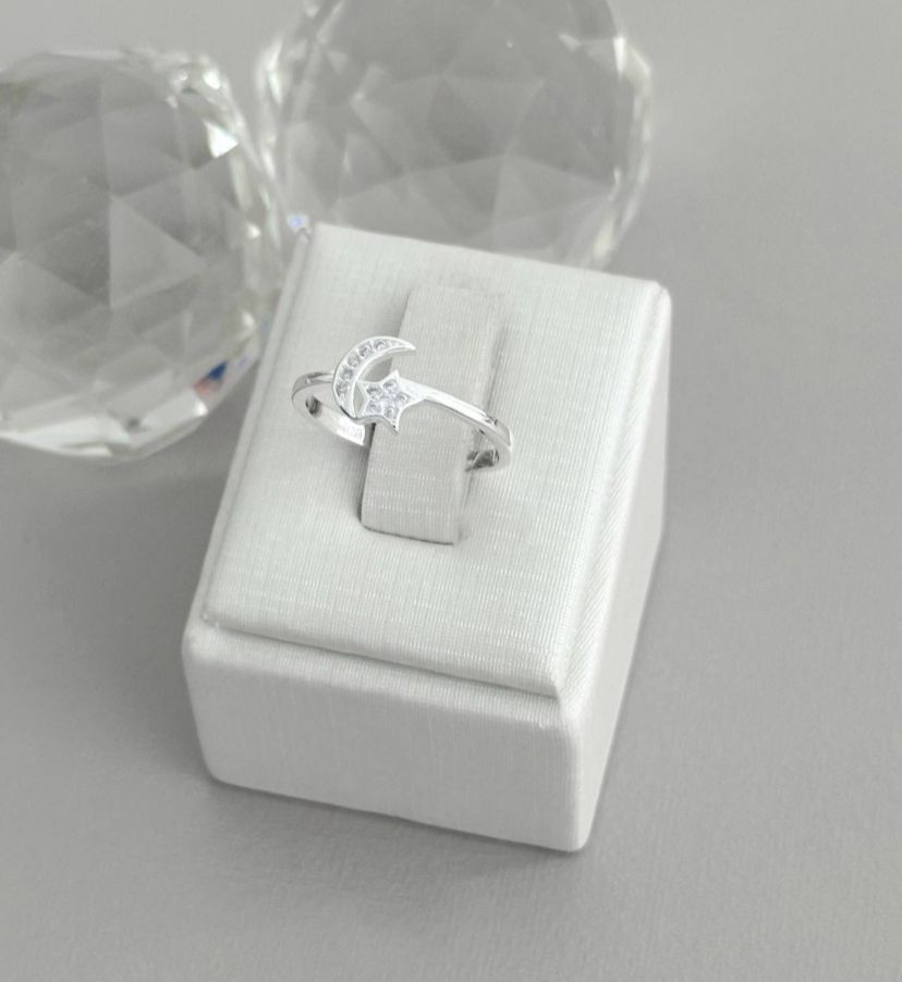 ANEL MEIA LUA E ESTRELA CRAVEJADA PRATA 925