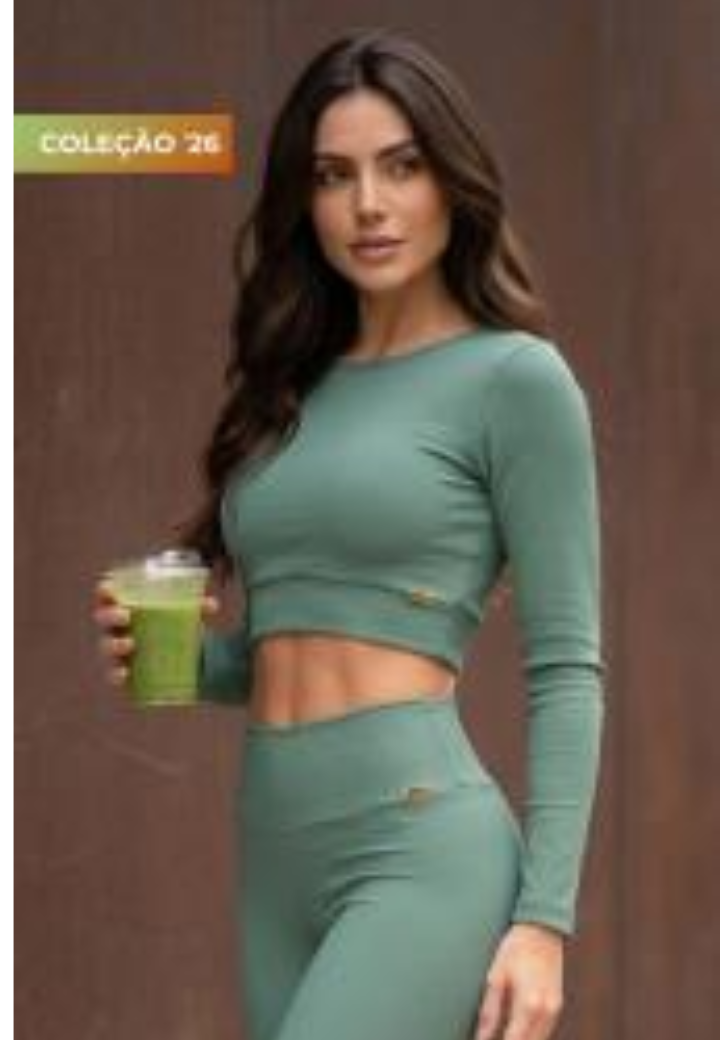 CROPPED MANGA LONGA FITNESS BLACKOUT TECIDO CANELADO CAPIM LIMÃO  Ref.: 42402