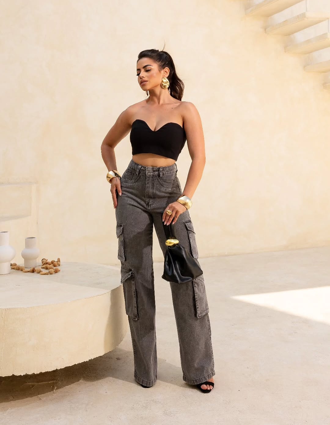 Calça Jeans Feminina Wide Leg Cargo Marmorizada