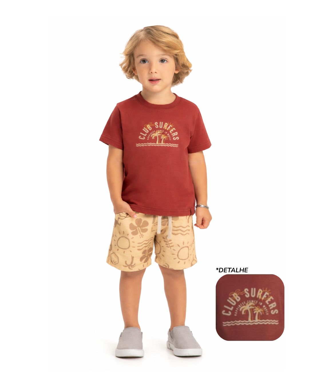 Conjunto camiseta malha + bermuda tecido estampado digital