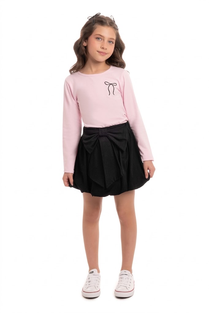 Conjunto Infantil Feminino Cotton Laço e Short-Saia Balone   Meninas