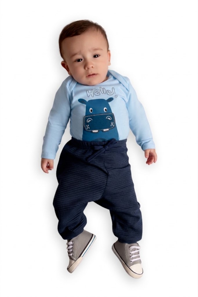 Conjunto Body Cotton Hello com Calça Hipopótamo Azul