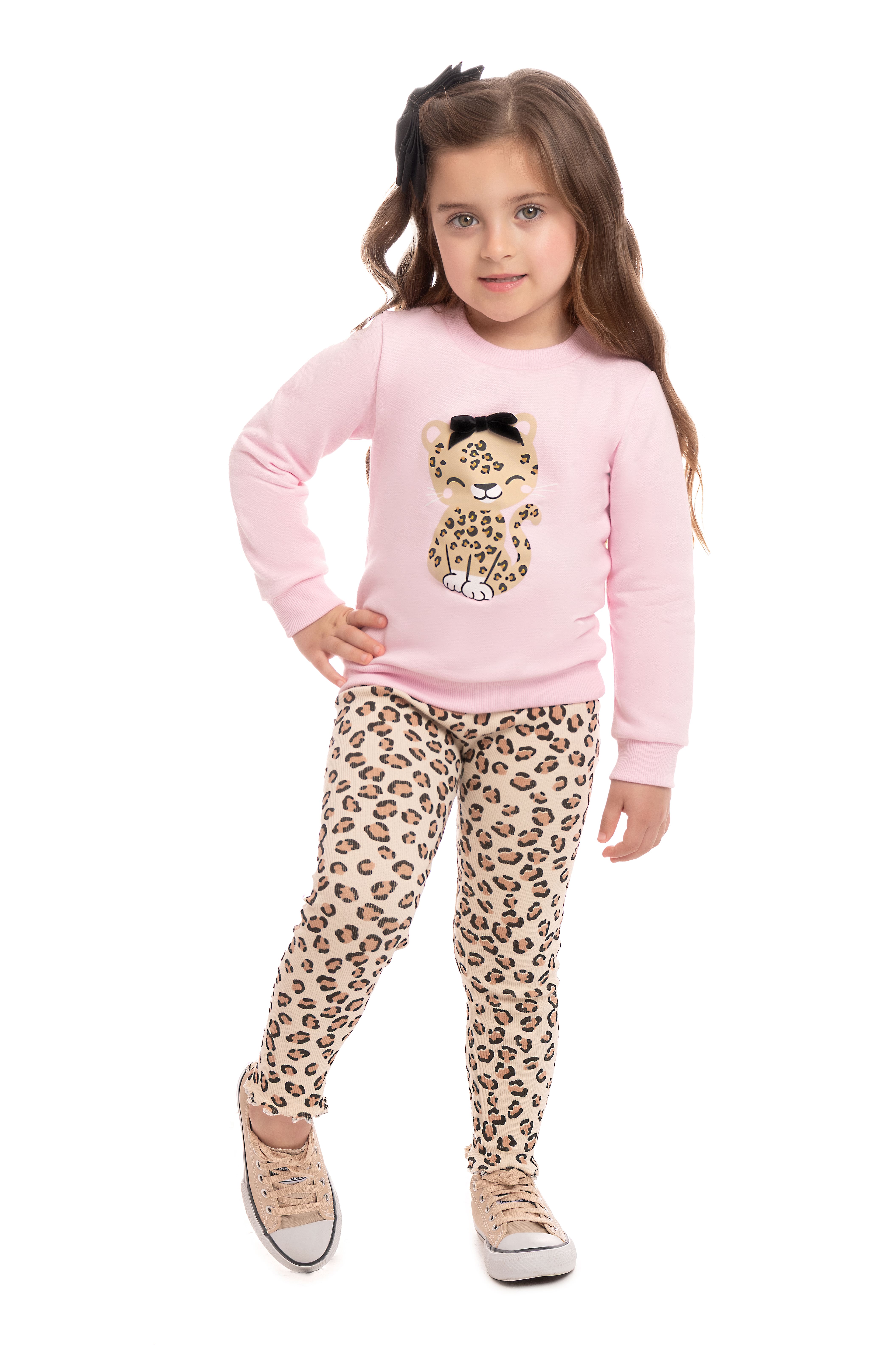 Conjunto Infantil Casaco Moletom Gatinha com Legging Oncinha