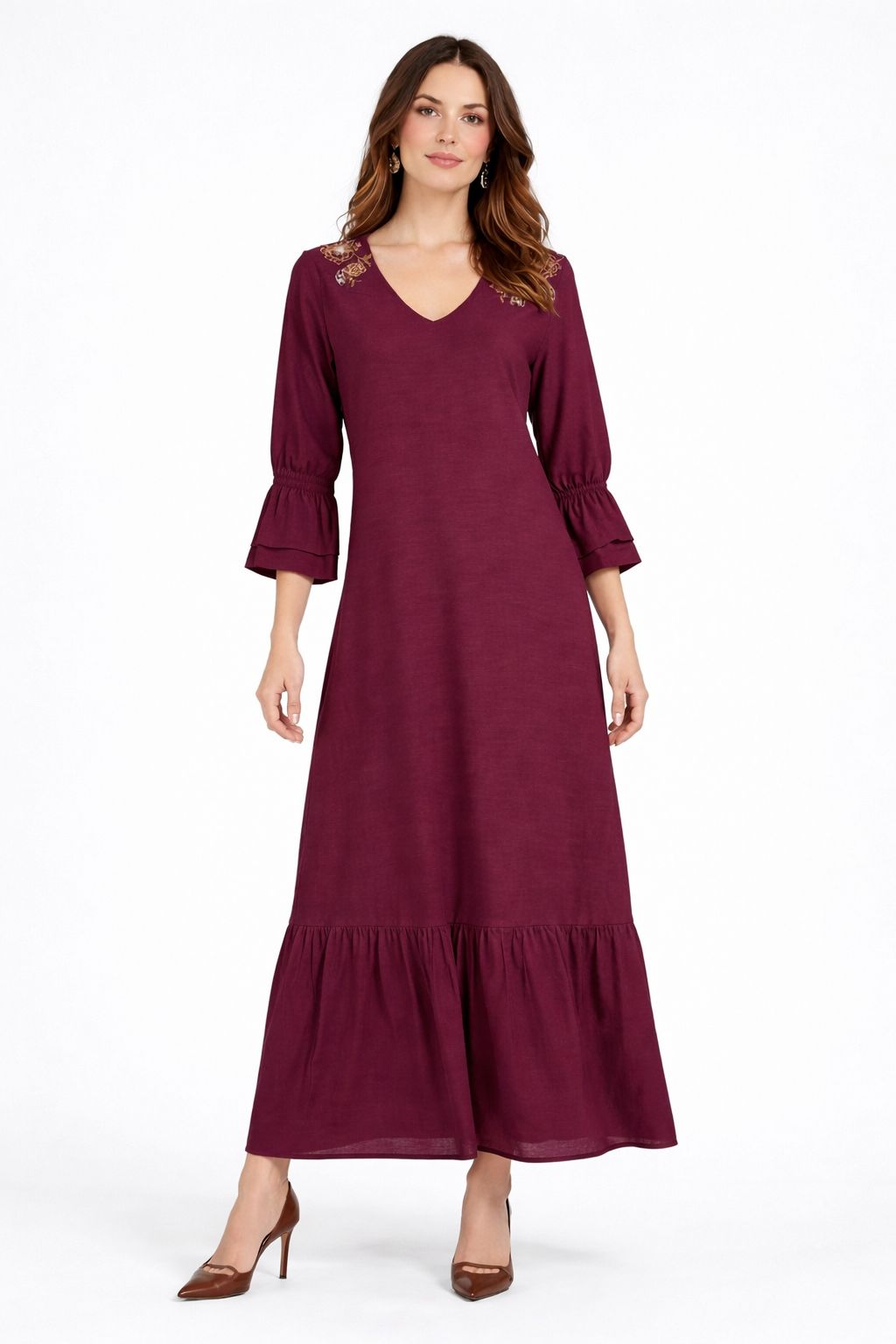 Vestido Longo Feminino Vinho com Manga 3/4 - TAM 48