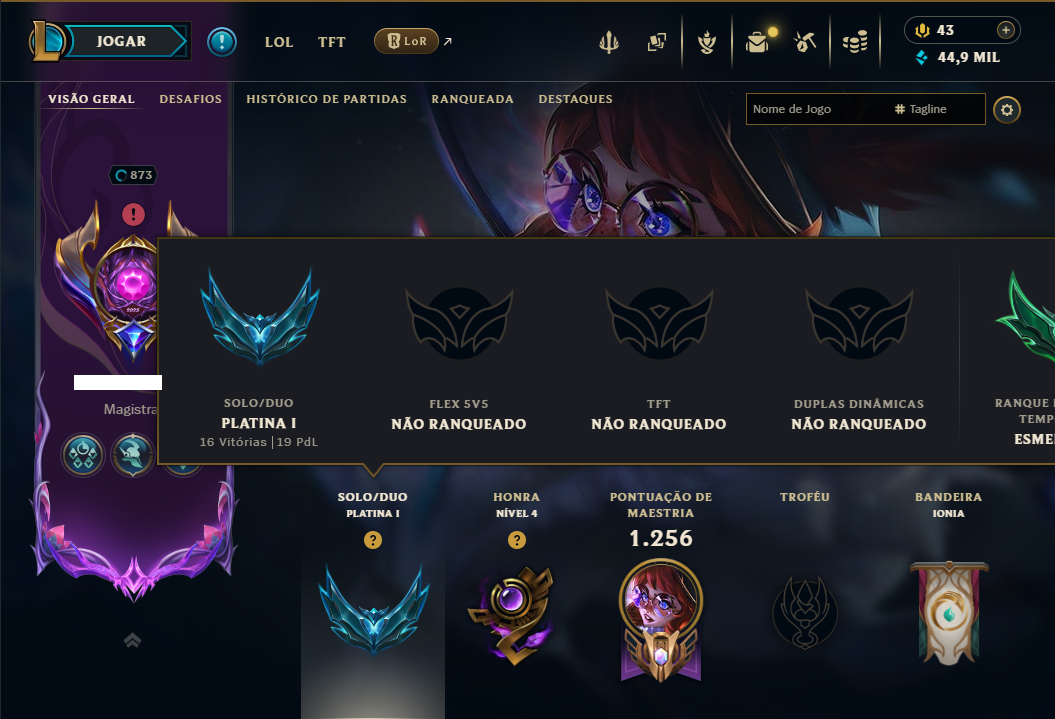 Platina 1 com TODOS os Champs e 571 Skins ( Nivel 873 )
