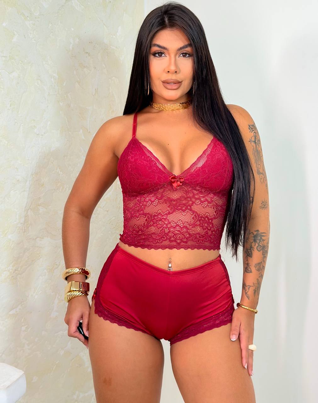 Baby doll em poliamida e renda - Melissa