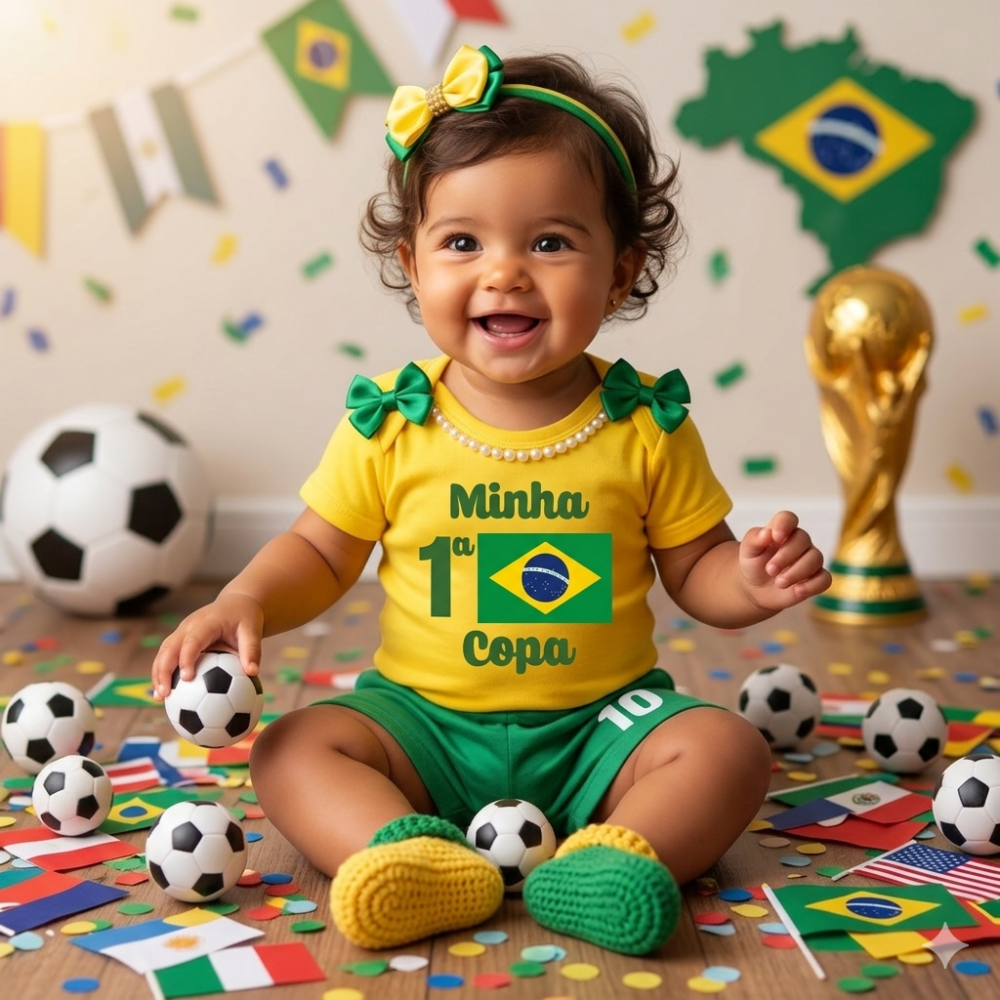 Kit Lookinho Uniforme Minha Primeira Copa do Mundo Menina ( Body + Shortinho + Tiara)