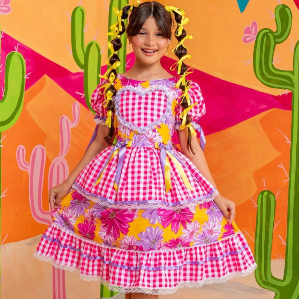 Vestido Festa Junina Luxo Xodó Amarelo com Pink