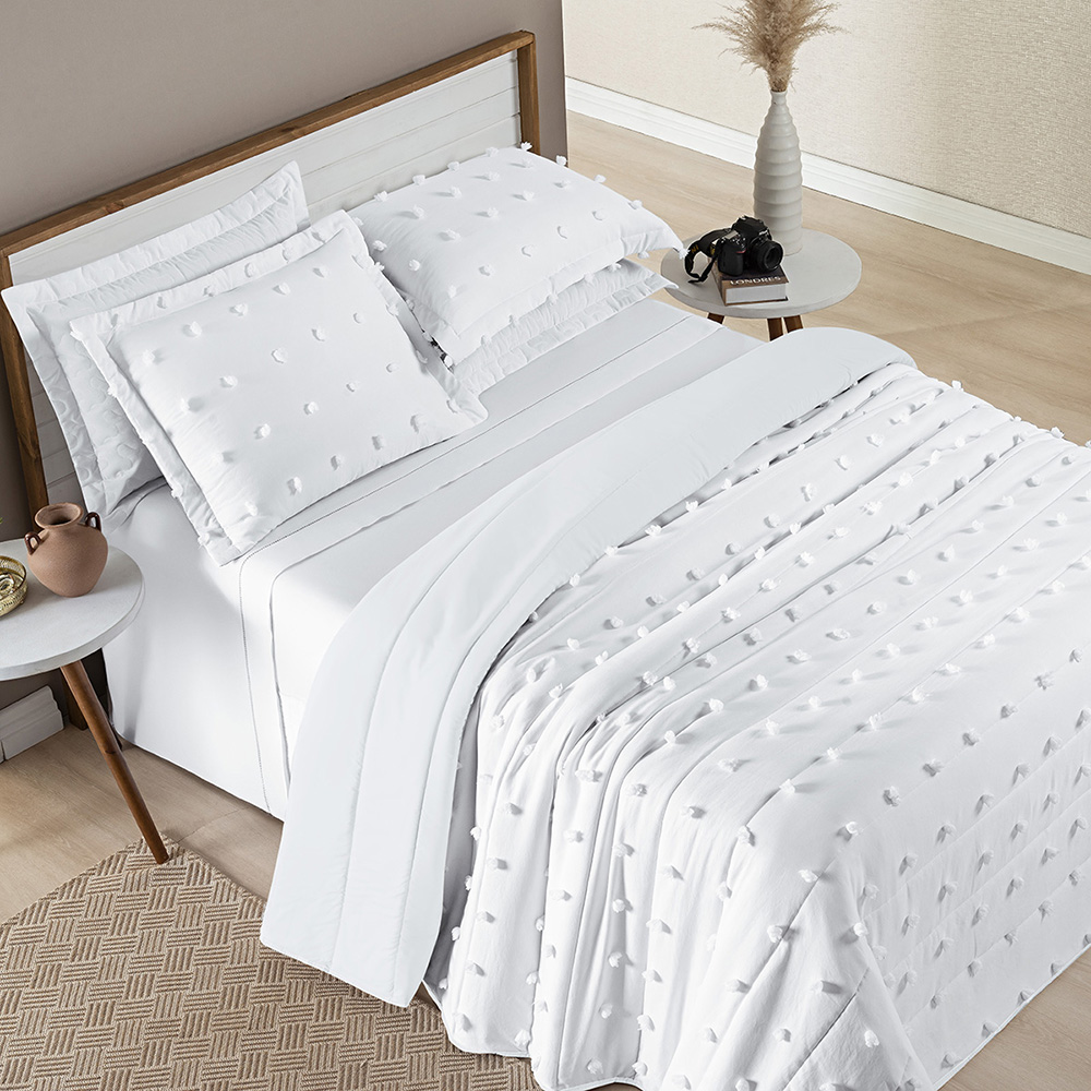 Cobre leito Pompom Branco CASAL QUEEN ou KING Colcha dupla face Micropercal 3 Peças 300 fios